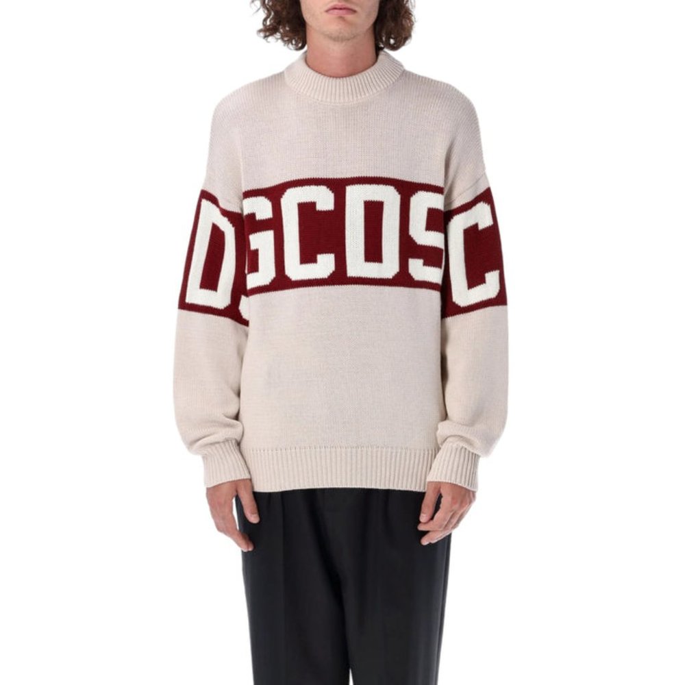 GCDS Signature Logo Band Wool Blend Sweater Beige Red - NWT $515